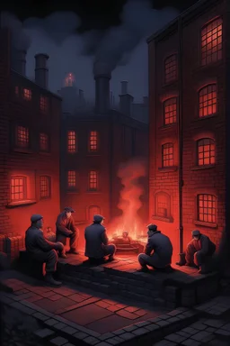 A midnight pastel of an old industrial part of a city with buildings made of red brick. The buildings are old, crumbling and decaying. In the centre of the image are four men crouched and huddling around a small fire which illuminates a small area around them but what surrounds them is shrouded in darkness.