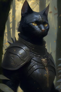 detailed portrait of an armored black cat in a forest illustrator, by justin gerard and greg rutkowski, digital art, realistic painting, dnd, character design, trending on artstation