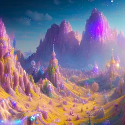 blue gold and violet landscape with multicolored crystals falling from the sky, full of details, smooth, bright sunshine，soft light atmosphere, light effect，vaporwave colorful, concept art, smooth, extremely sharp detail, finely tuned detail, ultra high definition, 8 k, unreal engine 5, ultra sharp focus