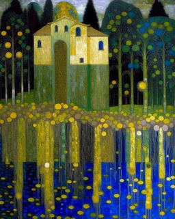 A haunted indigo castle painted by Gustav Klimt