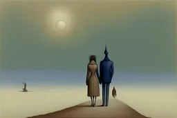 two humans seen from behind walking side by side in an empty foggy plain, above there is blue sky by artist "Leonora Carrington",by artist "Christian Schloe",by artist "Kay Sage"