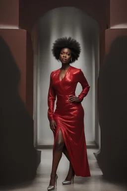 Portrait of a black woman wearing stylish red and silver dress.