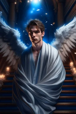 fluffy clouds, intense eyes, white iris, close facial portrait of the streetwise magician posing in elaborate cape, angels and demons, fireflies , staircase with closed gates of heaven, 4 k, down light, depth of field, trending art, high detail