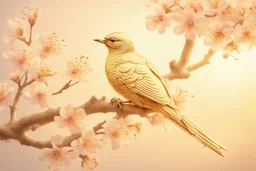 An image of a crystal bird covered in gold etching and diamonds, perched on a branch of cherry blossoms. The scene is illuminated by a soft, ethereal light, enhancing the intricate details and textures of the bird and the surroundings. The art style is detailed, realistic, and captures the magical essence of the scene, trending on ArtStation. The composition combines elements of classical elegance and modern fantasy, reminiscent of the masterful works elegant fantasy intricate high