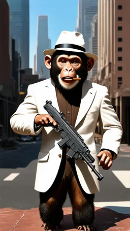 A monkey wearing a white suit with white hat and a cigar in his mouth with a machine gun posing like a gangster in a big city