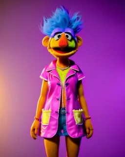 hybrid character, waitress sexy woman with monster muppet mask that covers her entire head, pink and gold, short coat, old school tattoo, retro style, Sesame Street style, neon, smooth, unreal engine 5, god lights, ray tracing, RTX, lumen lighting, ultra detail, volumetric lighting, 3d.