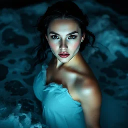 A high-quality professional a looking directly into the camera with a calm expression, ultra-smooth flawless skin, soft dramatic studio lighting. walking Born of the Ocean Where the sea becomes a gown and every wave moves with her. A moment of gown in waves ,