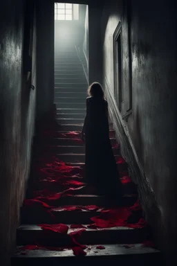 a broken red rose and a broken, bloody, torn, beaten woman lies at the bottom of a dirty staircase. At the top of the stairs stands the silhouette of a massive man, behind him a small light leaks through an open door, dramatic, gloomy atmosphere, sad, weird, dark colors, cinematic, realistic picture