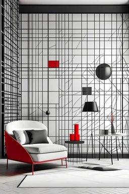 Create handpainted wall mural with an abstract grid composition, inspired by the minimalistic aesthetics of Bauhaus. Use a palette dominated by black and white, with a subtle touch of red for emphasis