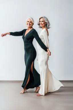 full body of very beautiful ukrain lady wearing cream_white pretty maxi flared dress ,white gray hair ,standing idle happy pose in studio