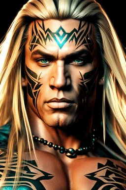 Jason David Frank as muscular alpha male with Long blonde hair and tribal tattoos and piercings realistic face, close-up, modern fantasy, intricate details, hyper detailed. 4K. Ultra Realistic