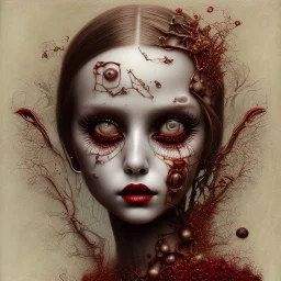 singer Danish MØ face, style surrealism by <Mark Ryden>, blood, hair guts, darkred tones,