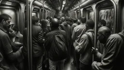 A gritty black and white charcoal drawing of a crowded subway car, filled with diverse passengers going about their daily commute. The scene is chaotic yet intimate, capturing the hustle and bustle of city life. The suffix adds a dream-like quality, with distorted perspectives and exaggerated features of the people