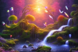 island waterfall bubble spring dragonflies sunset rainbow old trees