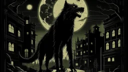 "Vintage Hollywood Horror Elegance: Design a classic film poster in captivating film noir style, featuring a menacing werewolf bathed in moonlight. The eerie glow illuminates a Gothic cityscape backdrop. Deliver a chilling sense of terror and suspense with chilling details, enhancing the old-world mystique of both beast and setting."