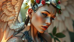 3D render ultra detailed of a beautiful angel, from knee to head, biomechanical cyborg, analog, 35 mm lens, beautiful natural soft rim light, big leaves and stems, roots, fine foliage lace, colorful details, samourai, pearl earring, heavely tattoed, intricate details, mesh wire, mandelbrot fractal, facial muscles, cable wires, microchip, badass, hyper realistic, ultra detailed, octane render, volumetric lighting, 8k post-production, red and white, detailled metalic bones, semi human, by Glenn Br