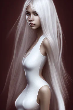 portrait of a tall, thin, Asian girl with long hair, and a heavy fringe, and large amber eyes, in a white catsuit