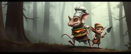 rat gremlin burger chef elf halfling pixie runner, airbrush and pen outline, realistic 3d rendering with high contrast foggy forest background