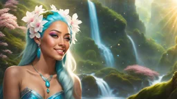 Photo realistic portrait of a gorgeous smiling skinny polynesian goddess with a golden dark shining skin, long smooth clear turquoise blue white hair, blue eyes, in a sci-fi outfit with luminous strikes blowing a kiss in a hill of flowers with sakura trees, a waterfall, a crystal palace, loads of mini flowers, moss, sun rays through the branches, particles in the air at spring