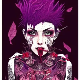 beautiful punk girl, hyper detailed, hyperdetailed, intricately detailed, illustration by <asaf hanuka>, purple tones, darkred tones,