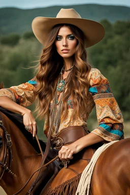 high fashion magazine, studio photography, portrait of a hippie cowgirl, young spanish beauty model, longer hair, beautiful face, beautiful skin advertising