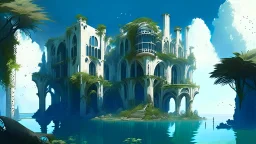 A futuristic ruined gothic building on an island floating over the sea with balconies, verandas, many arches, bridges, spires, paths, trees, dense foliage, spanish moss, ivy, blue sky, white clouds