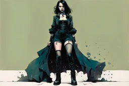 Create and fine print full body illustration of a Goth Girl with finely lined and detailed facial features in a ragged gothic dress, fishnet stockings ,battered combat boots, , in the graphic novel style of Bill Sienkiewicz, and Jean Giraud Moebius, precisely drawn, colored and inked