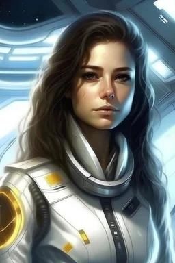 Elisa Pascalis très belle jeune femme archange galactique de lumière, commandant chef flotte vaisseau blanc trèslumineux. Arcange Combinaison blanche lumineuse, Archange galactique très féminine