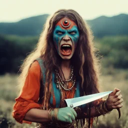 [vintage style noisy scratches glitches] 1970s angry Hippie warrior woman with a knife gripped tightly in her hands fighting Alien liquid saliva monster. Face to face: Its drooly, drooling head looms dangerously close to her pretty face, dripping with acidic saliva. the world emits eerie, otherworldly sounds that reverberate through the liquid landscape.