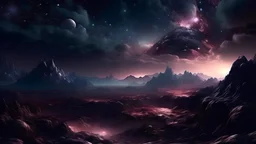 subconscious on magic , realty mountains, only sky, color is dark , where you can see , panorama. Background: An otherworldly bathed in the cold glow of distant stars. gloomy landscape with dramatic HD highlights detailled