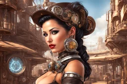 photorealistic exotic sci-fi steampunk pin-up girl in a futuristic sci-fi wild west town