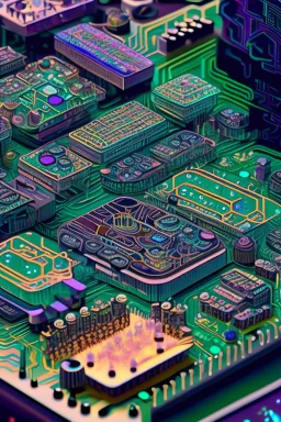 microscopic community living on a circuitboard:: hyperrealisitc circuitboard:: 8k