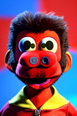 Waist up muppet Portrait, Nicolas maduro us muppet doll, tracksuit red blue and yellow, mustache, photo studio, red background, unreal engine 5, concept art, art station, ray tracing, lumen lighting, ultra detail, volumetric lighting, 3d.