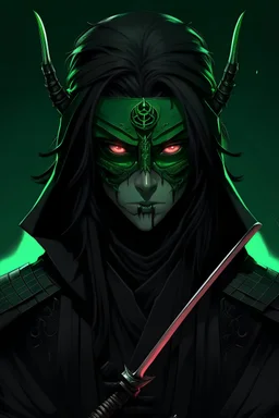 f ultra detail. is man. green ruby eyes. black hair. black cyberpunk shirt. rtx. japan katana sword. located on an empty background in the distance. there is a black medic mask on the face and a hood is put on the head, there are not large green demonic horns on the head