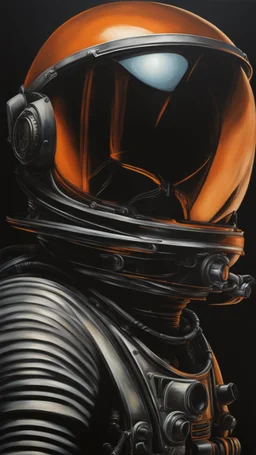 an oil painting by H. R. Giger of an astronaut's helmet and visor on the black background, the face is seen through it, there’s orange light coming from inside the space suit, dark lighting, minimalistic design, dark colors, horror art --ar 51:64 --v 5. 2