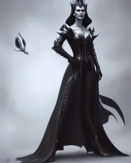 old evil queen in black leather gown, volouptous, busty, cleavage, angry, emperious, 8k resolution concept art portrait by Greg Rutkowski,