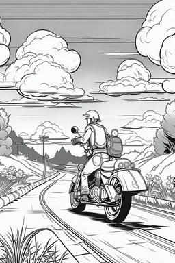 Outline art, no shading, motorcycle on the road, cartoon style, black and white, low detail, --ar 9:11