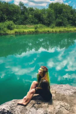 woman sitting on a rock, in a lake, green mottled skin, green hair, blue sky, white clouds