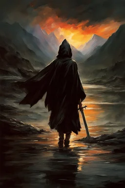 A formidable warrior-a 10-year-old boy in a black robe with a hood, on the background Amazing gloomy landscape, flooded with sunset, mountains, trees, fabulous scary hero, , juicy emotions, painting, dark fantasy, bad weather, gloomy day, dark world, by Raymond Swanland & James Paick & Alyssa Monks & Anna Razumovskaya