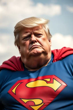 a thoroughly confused, elderly and morbidly obese donald trump dressed as superman