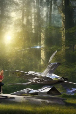 spaceship in a woodland clearing, next to a lake, with a woman kneeling under it, repairing it, blue sky