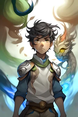 a boy standing tall with a determined expression on his face, his eyes filled with a mixture of hope and determination. He wears a worn-out but cherished Valoran uniform, a symbol of his dreams and aspirations. Behind him, a backdrop of swirling elemental energies, representing his rare Agurtes power of elemental fusion. In one hand, he clenches a glowing orb, symbolizing his newfound strength and courage in the face of adversity. Around him are fallen comrades