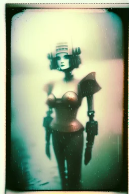 steampunk, vintage analog polaroid of a woman robot, female body, fog, lomography, heavy film grain, rain, color bleed, depth of field, bokeh, retro