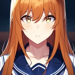 Clear focus,8k,Beatiful Lighting,Beatiful Blur,Beatiful Face,Beatiful Shading,Amber long hair,silky hair, long silky bangs, Cyan eyes, wearing a sailor uniform, Extreme Close Up, Anime Girl