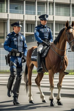 objeto: caballo; acción: parado; contexto: un recinto policial; entorno/ atmósfera: de día, estilo vestido con uniforme policial