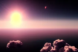 Epic exoplanet in the horizon, clouds, big mountains, water, science fiction landscape