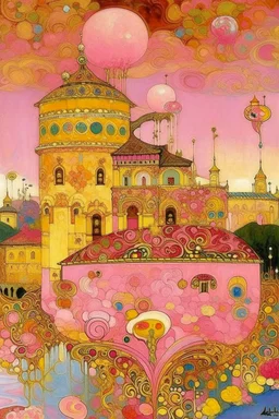 A pink magic genie castle painted by Gustav Klimt