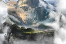 in the foreground, sheer cliffs reveal the ground far far below. reaching the top of those cliffs, a foggy valley reaches out, ended by another sheer cliff.