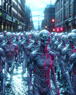 hundreds of non-anatomically correct ,human undead packed tightly together moving through a city street like a glaicer, unusual neon lighting, high velocity, 64k, dystopian, vray, photo realistic, insanely meticulous, highly detailed, part of a collection of zombie horde on display, 64k, dystopian, vray