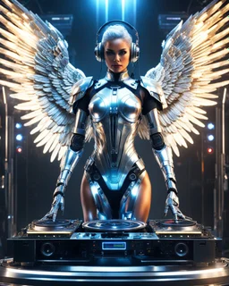 wide shot image facing front photography realistic full body mechanical metalic chrome bright shine,futuristic armor Beautiful Futuristic Cyborg Angel Woman as DJ player,playing turntable DJ player,big sound system and laser spot light background